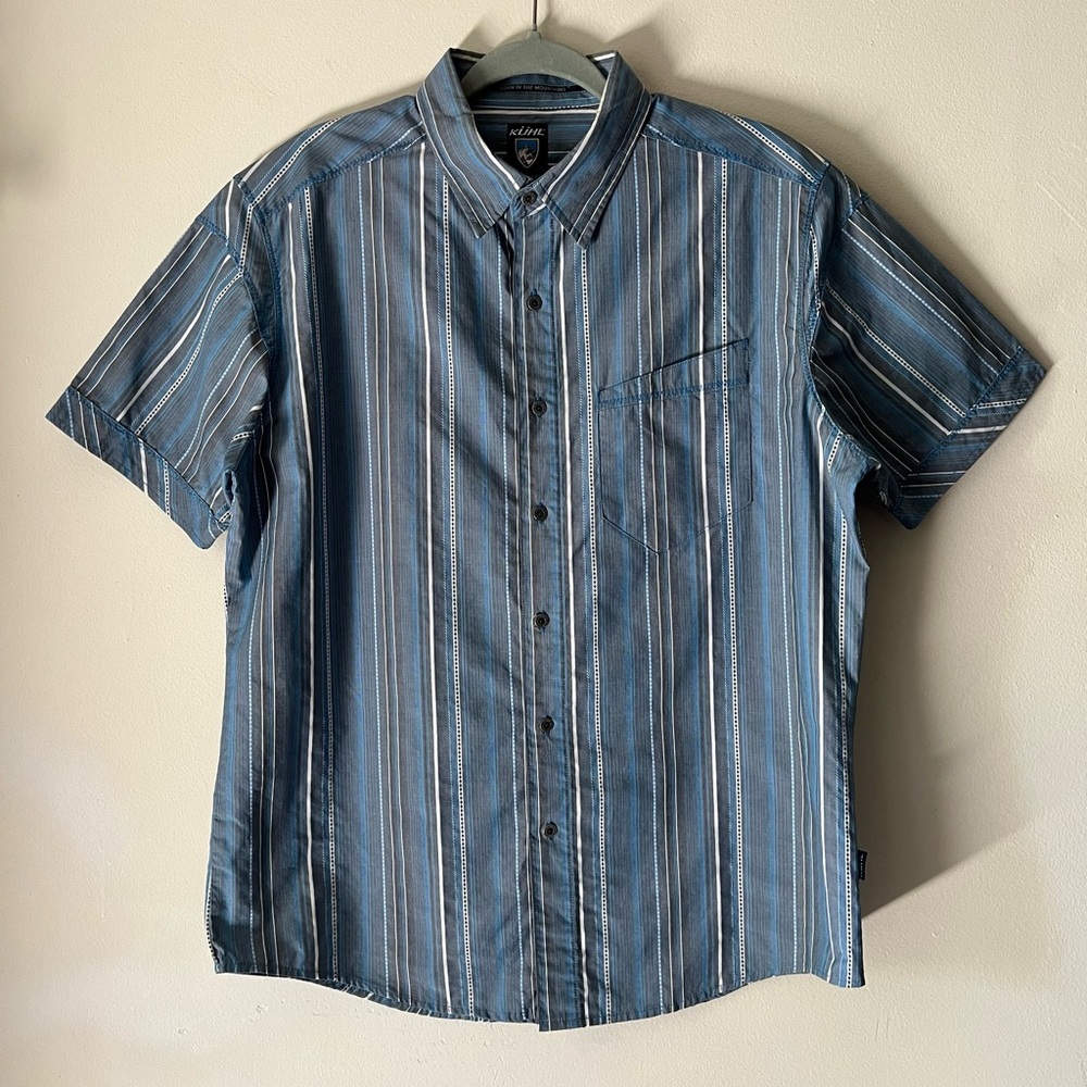 Kuhl Suncel Blue Striped Button Down Cotton Blend Shirt Mens Medium Short Sleeve
